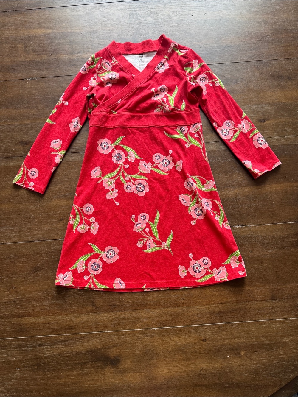 Size 10 Tea Collection cotton red floral long-sleeve faux wrap kimono dress